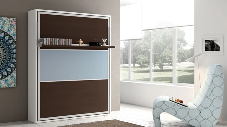 Lit escamotable vertical avec tablette décorative synchronisable