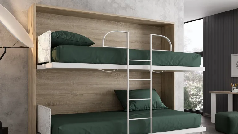 Un lit superposé escamotable avec canapé intégré au design très élégant.