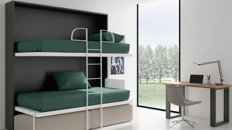 Un lit superposé escamotable avec canapé intégré au design très élégant.