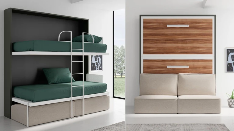 Un lit superposé escamotable avec canapé intégré au design très élégant.