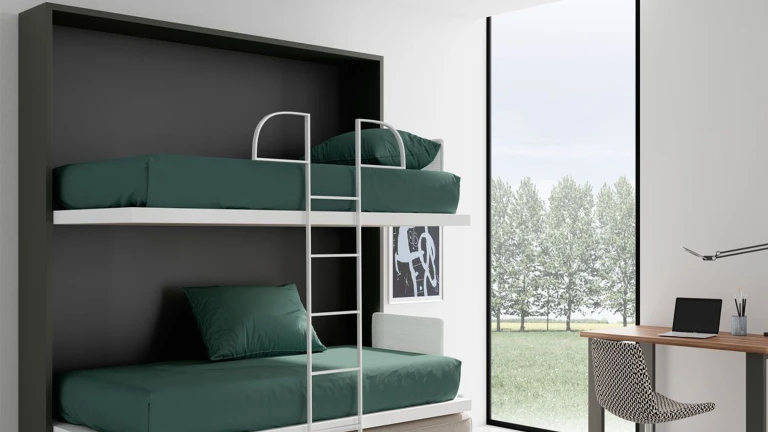 Un lit superposé escamotable avec canapé intégré au design très élégant.