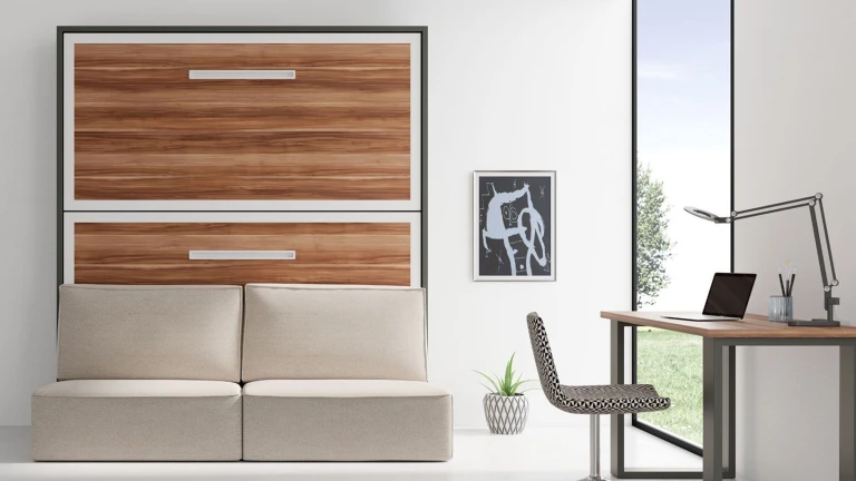 Un lit superposé escamotable avec canapé intégré au design très élégant.