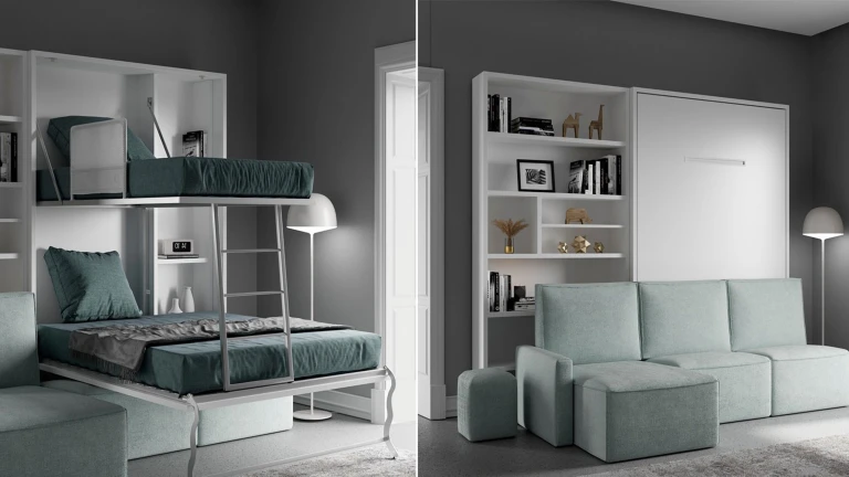 Lit superposé vertical escamotable avec canapé pour la zone jour et la zone nuit