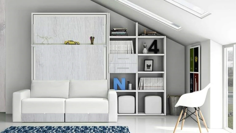 Lit escamotable vertical avec étagère décorative et canapé-lit