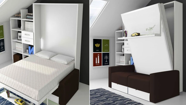 Lit escamotable vertical avec étagère décorative et canapé-lit