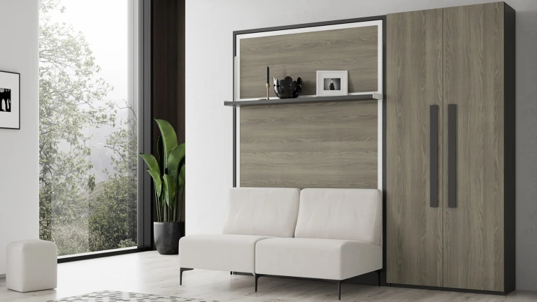 Lit escamotable vertical avec étagère décorative et canapé fonctionnel