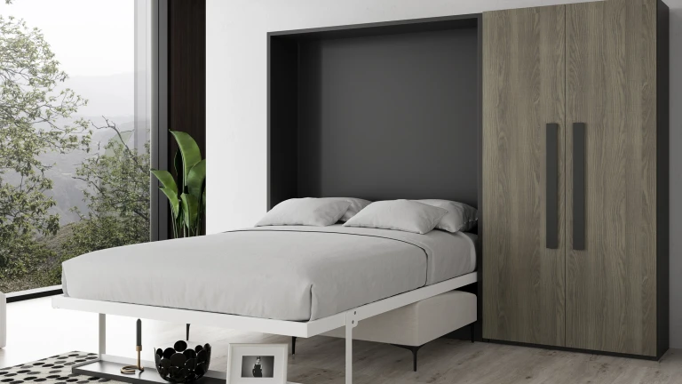 Lit escamotable vertical avec étagère décorative et canapé fonctionnel