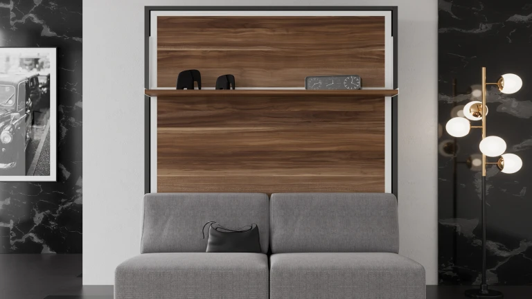 Lit escamotable vertical avec étagère décorative et canapé fonctionnel