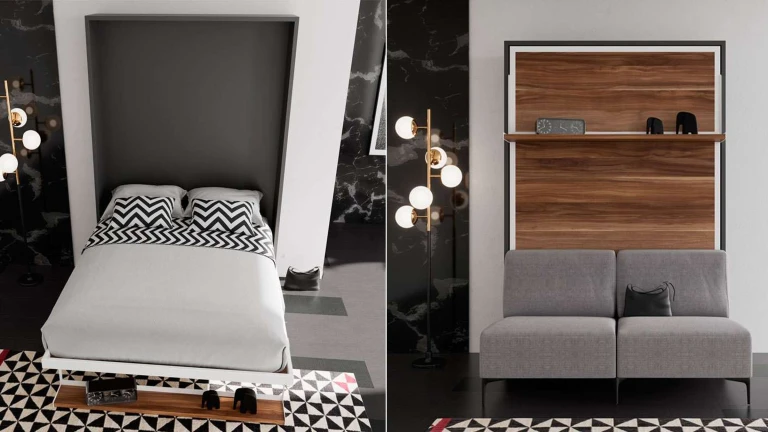 Lit escamotable vertical avec étagère décorative et canapé fonctionnel