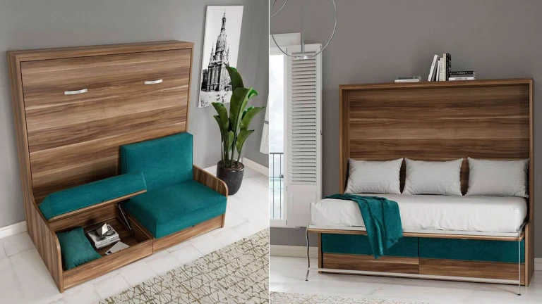 Lit escamotable horizontal autoporteur avec canapé coffre pour murs en plaques de plâtre