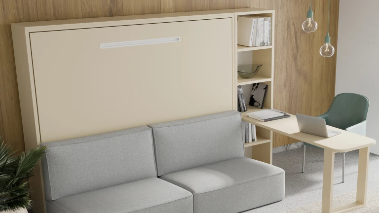 Lit escamotable avec ouverture horizontale et canapé confort intégré