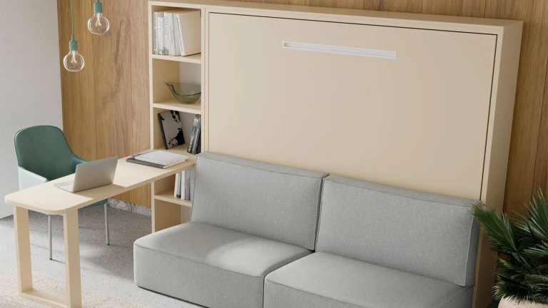 Lit escamotable avec ouverture horizontale et canapé confort intégré