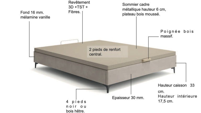 Lit coffre tapissier avec pieds avec tissu au choix