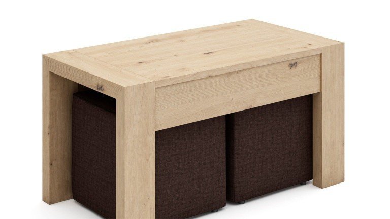 Table basse relevable avec 2 poufs confortables