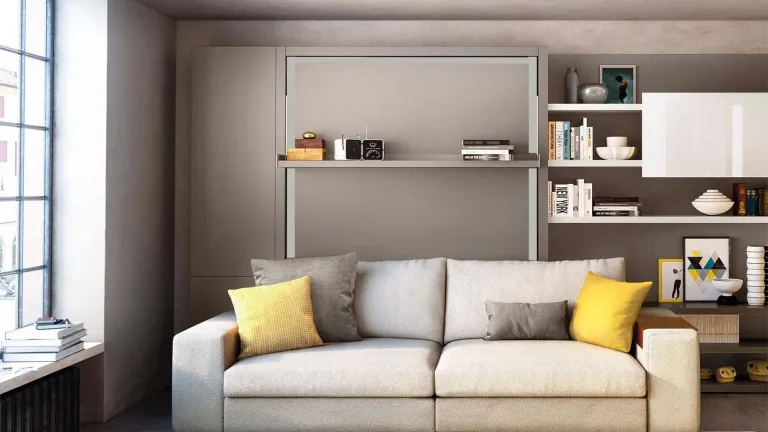 Lit escamotable vertical avec étagère décorative et canapé-lit