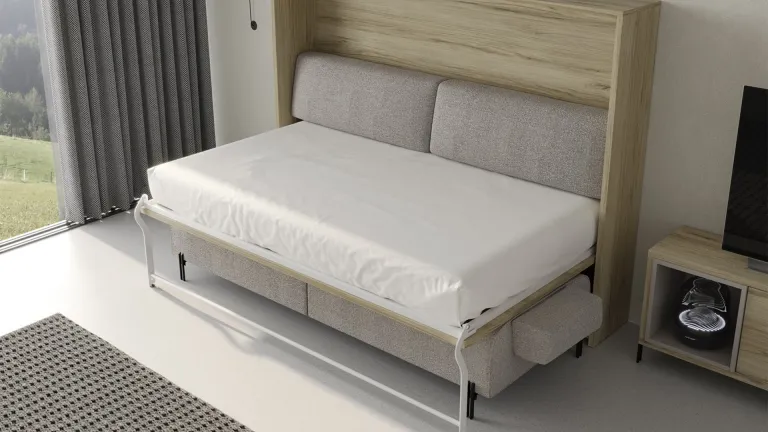 Lit escamotable avec ouverture horizontale et canapé sur pieds intégré