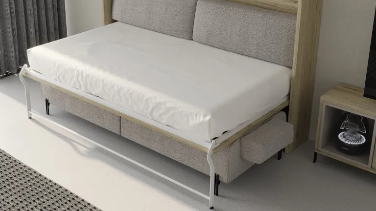 Lit escamotable avec ouverture horizontale et canapé sur pieds intégré