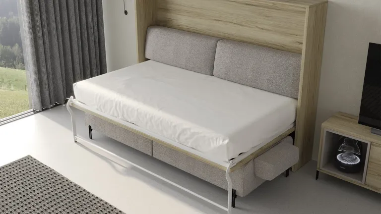 Lit escamotable avec ouverture horizontale et canapé sur pieds intégré