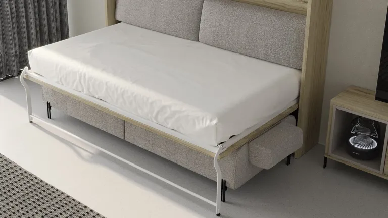 Lit escamotable avec ouverture horizontale et canapé sur pieds intégré
