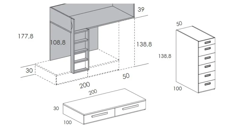 Lit superposé 3 couchages avec 8 rangements