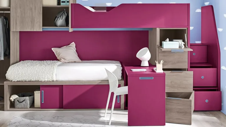 Lit superposé en bois avec bureau coulissant et dressing à un prix avantageux
