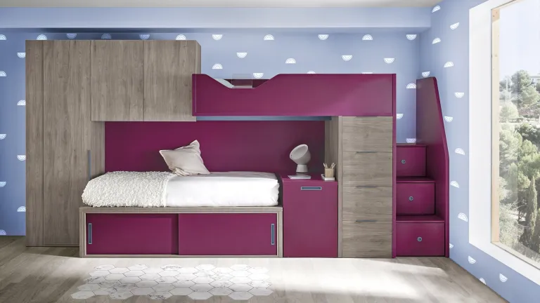 Lit superposé en bois avec bureau coulissant et dressing à un prix avantageux