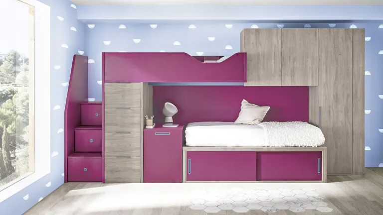 Lit superposé en bois avec bureau coulissant et dressing à un prix avantageux