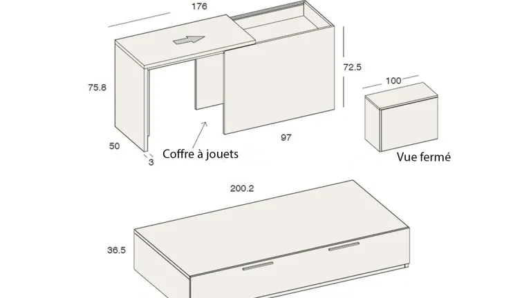 Lit gigogne en bois avec bureau coulissant