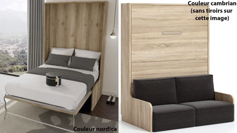 Lit escamotable vertical autoportant avec canapé, spécial pour les murs en plaques de plâtre.