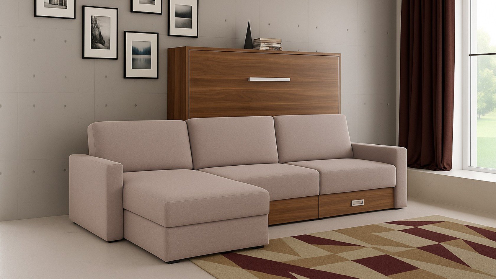 Lit escamotable horizontal avec canapé coffre astucieux