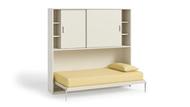 Lit escamotable horizontal avec rangement armoire avec portes coulissantes intégré