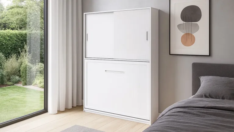 Lit escamotable horizontal avec rangement armoire avec portes coulissantes intégré
