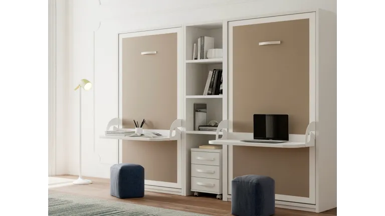 Lit escamotable vertical avec bureau intégré et étagères intérieures