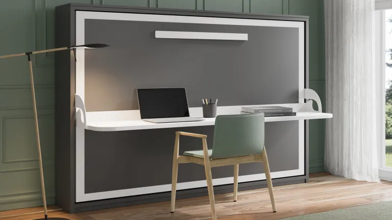 Lit escamotable horizontal avec bureau intégré et étagères intérieures | Boconfort