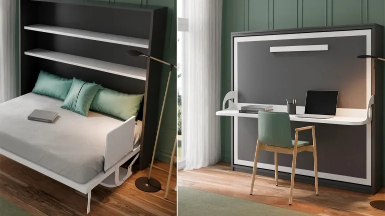 Lit escamotable horizontal avec bureau intégré et étagères intérieures | Boconfort