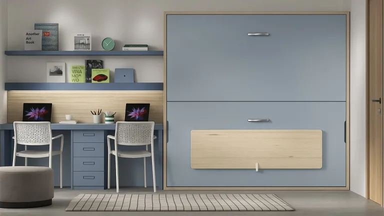 Lit escamotable double avec bureau intégré — Solution compacte pour chambre d’enfant ou studio
