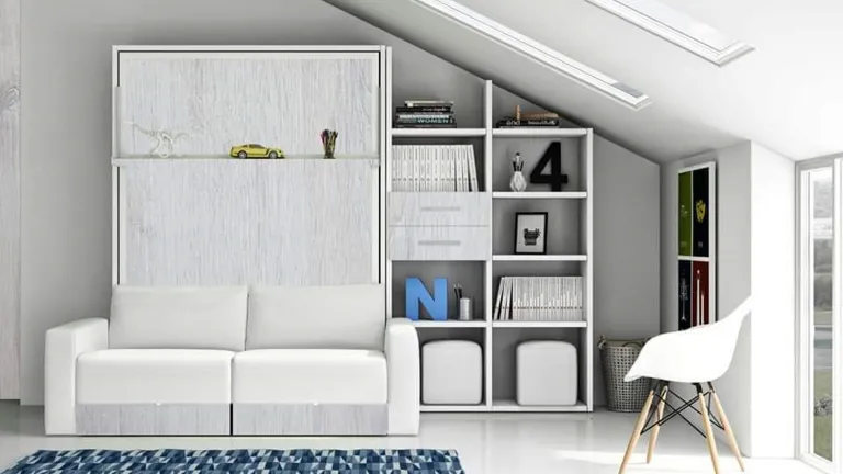 Lit escamotable vertical avec étagère décorative et canapé | Boconfort