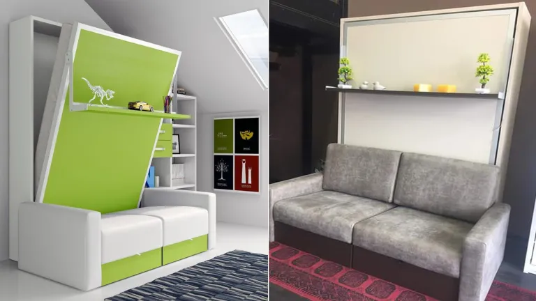 Lit escamotable vertical avec étagère décorative et canapé | Boconfort