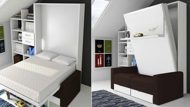 Lit escamotable vertical avec étagère décorative et canapé | Boconfort