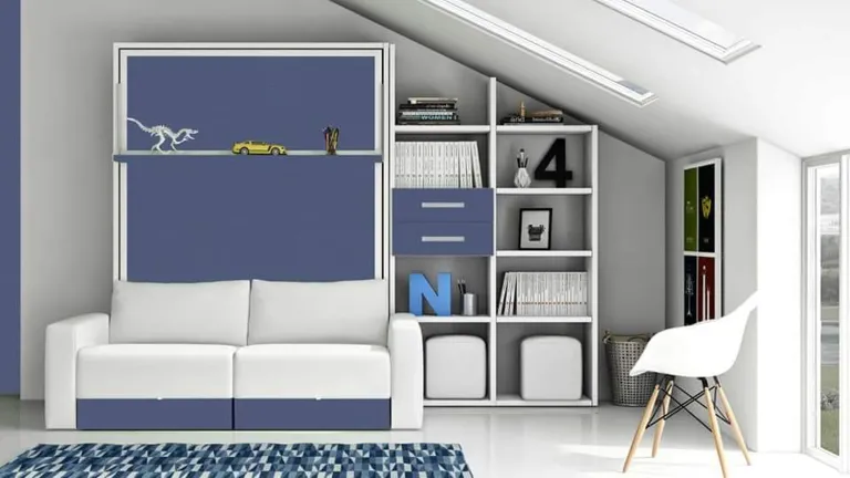 Lit escamotable vertical avec étagère décorative et canapé | Boconfort