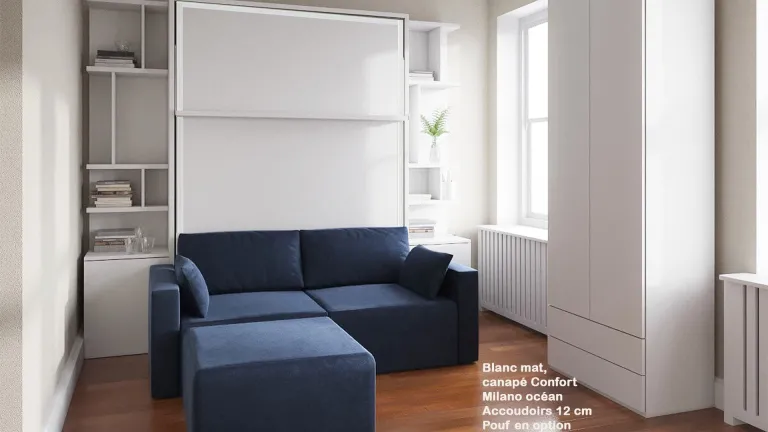 Lit escamotable vertical avec étagère décorative et canapé | Boconfort