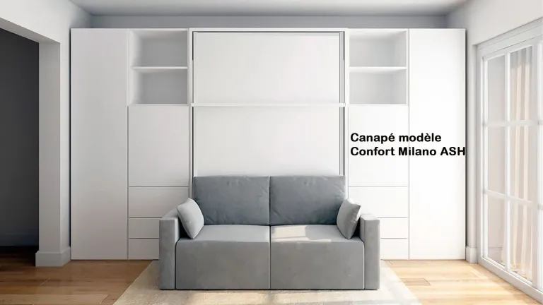 Lit escamotable vertical avec étagère décorative et canapé | Boconfort