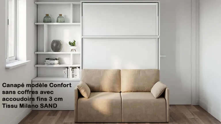 Lit escamotable vertical avec étagère décorative et canapé | Boconfort