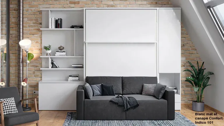 Lit escamotable vertical avec étagère décorative et canapé | Boconfort