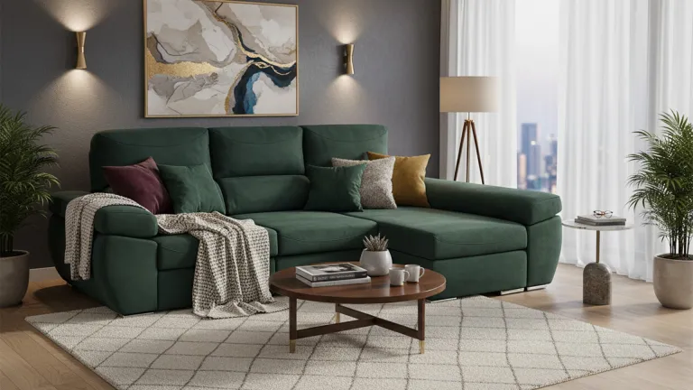 Canapé d'angle avec assises extra coulissantes avec tissu anti taches et déperlant