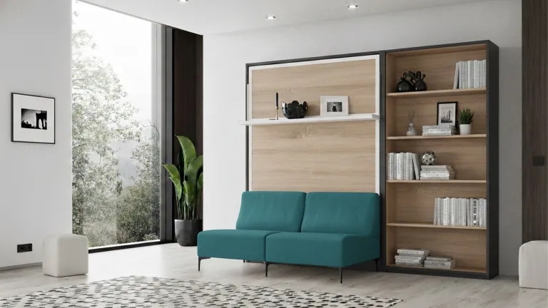 Lit escamotable vertical avec étagère décorative et canapé fonctionnel