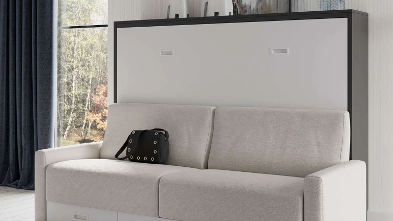 Lit escamotable horizontal avec canapé coffre, étagères et accoudoirs