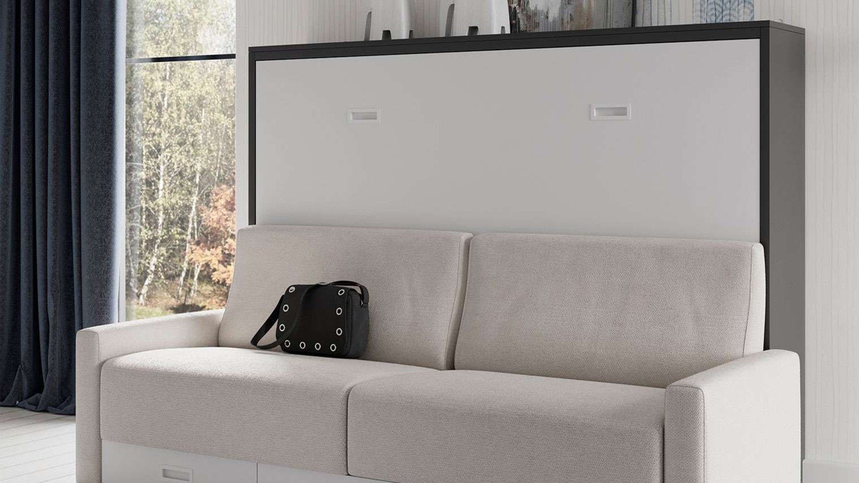 Lit escamotable horizontal avec canapé coffre, étagères et accoudoirs