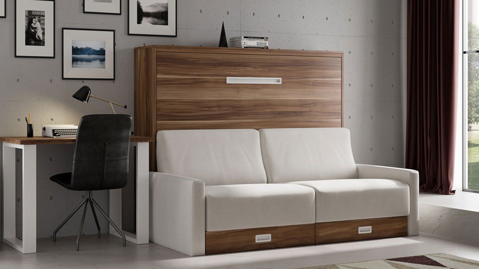 Lit escamotable horizontal avec canapé coffre, étagères et accoudoirs