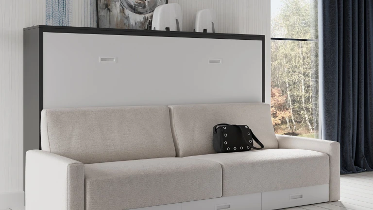Lit escamotable horizontal avec canapé coffre, étagères et accoudoirs